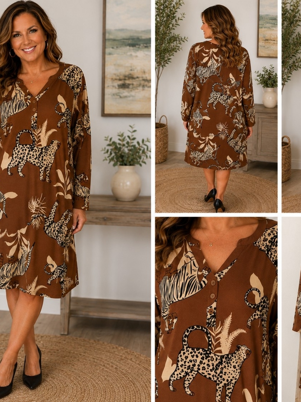 Breezies Large Brown Safari Animal Print Long Sleeve Dress Leopard Zebra